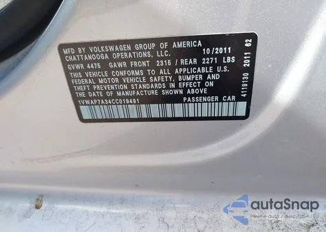 2012 Volkswagen Passat 2.5L S из США, поврежденный, VIN 1VWAP7A34CC019491